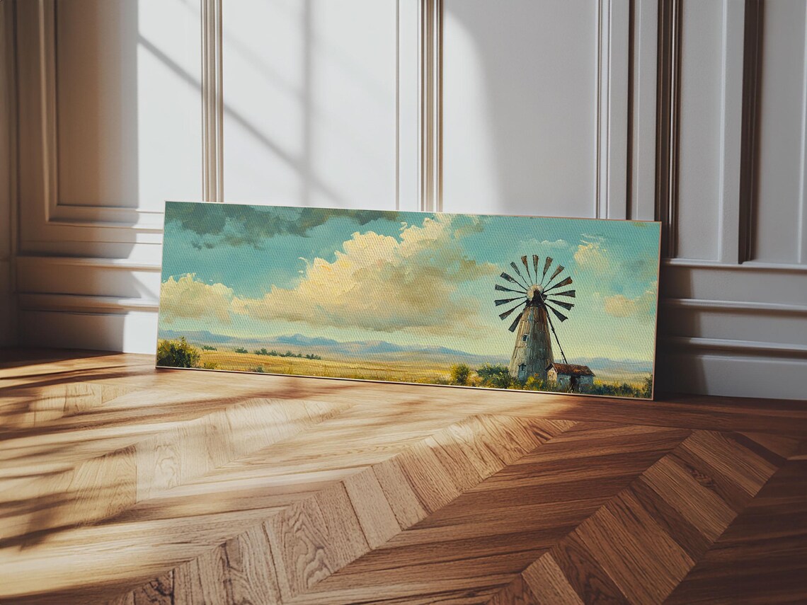 Scenic Windmill Landscape Framed Print Rustic Cottagecore Farmhouse Art Moody Southwest Decor Above Couch Wall Art Gift Idea - Image 4