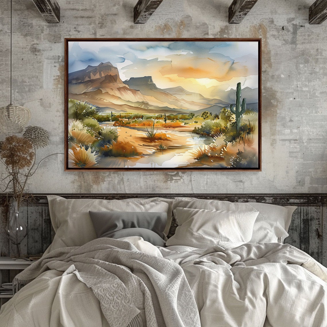 Arizona Desert Watercolor Mesa Saguaro Cactus Pond Golden Sunset Print - Image 3