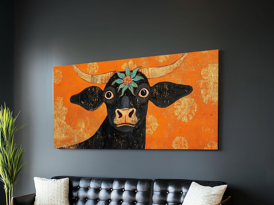 Funny Wide Eyed Black Cow Flower Crown Orange Folk Art Animal Poster - Image 5