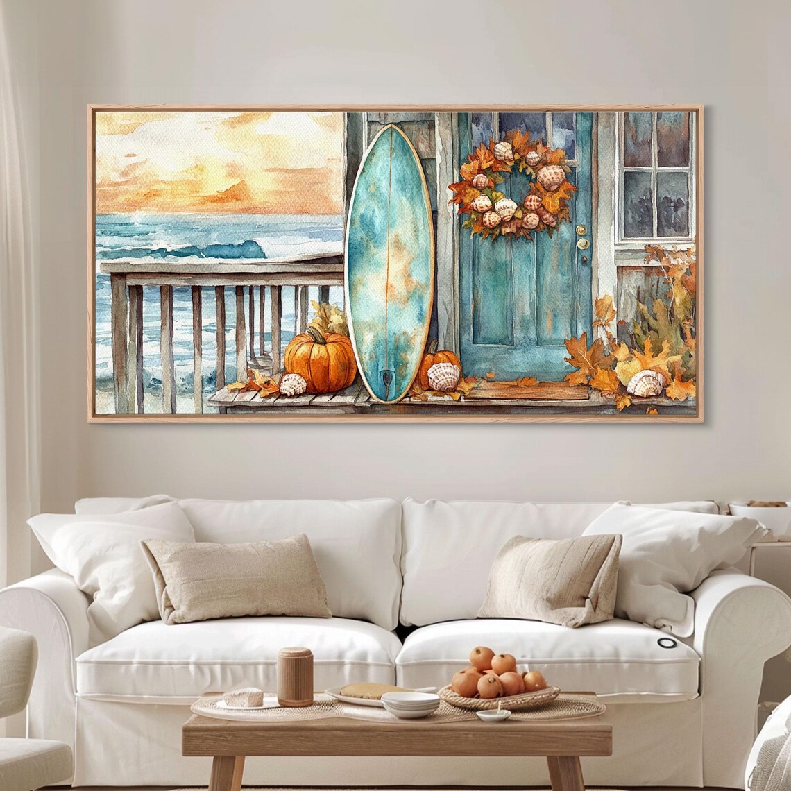 Coastal Surfboard Pumpkins Autumn Door Wreath Beach Fall Decor Art Poster - Image 3