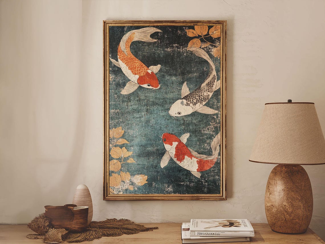 Three Koi Fish Swimming Dark Teal Water Japanese Style Animal Poster - Image 4