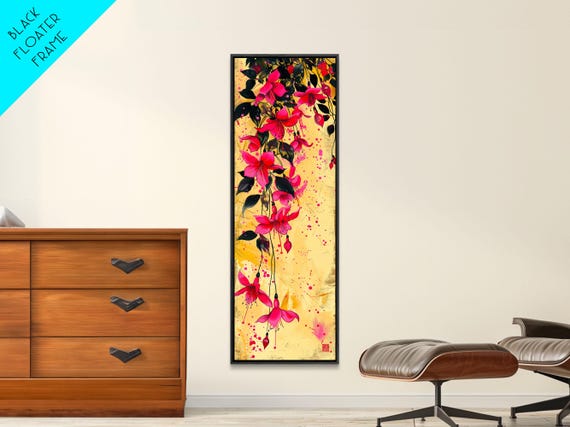 Skinny Art Tall Art Framed Print Bold Fuchsia Flowers In Dynamic Composition Over A Vibrant Yellow Ukiyo E Japanese Style Art