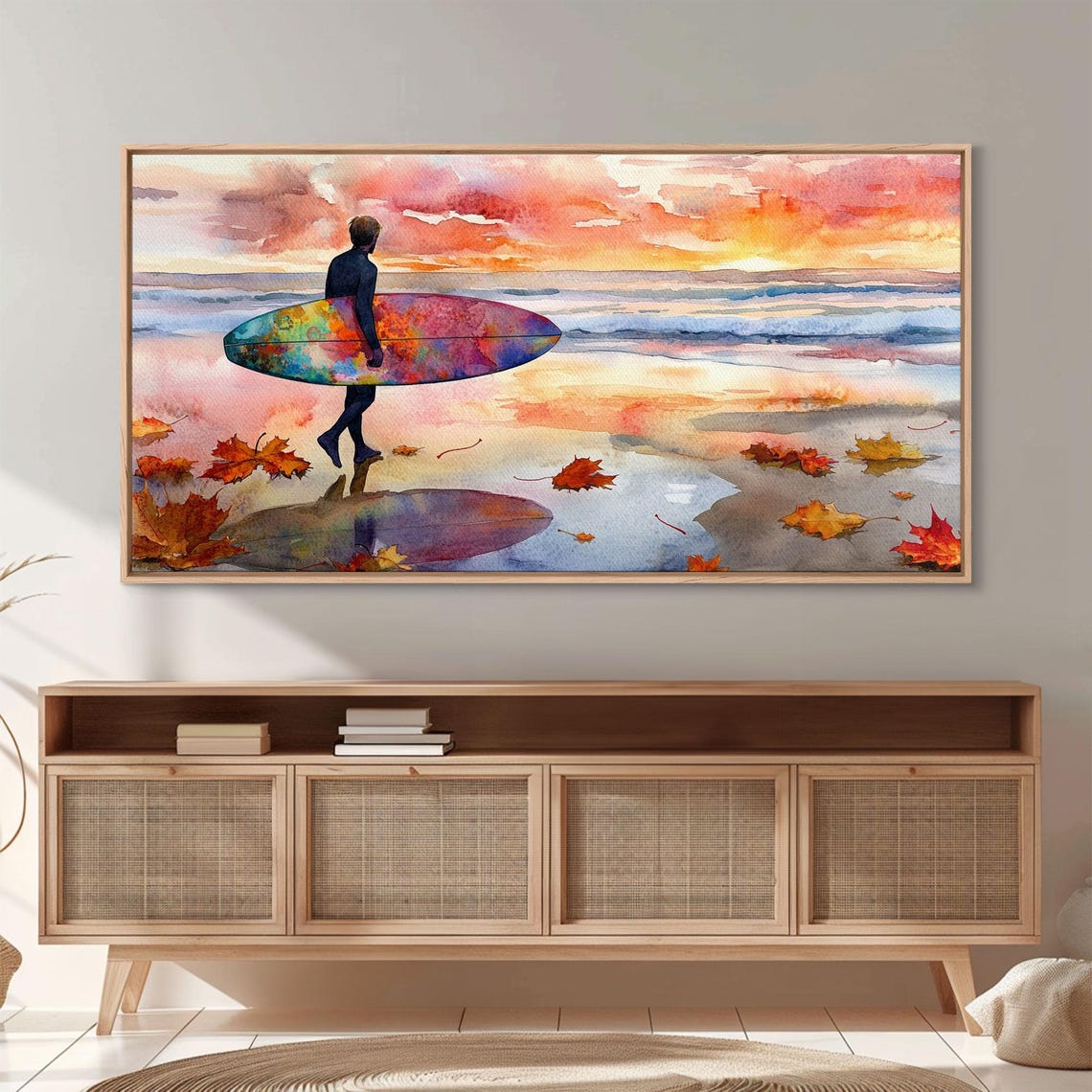 Autumn Surfing Sunset Surfer Colorful Board Maple Leaves Beach Poster - Image 6