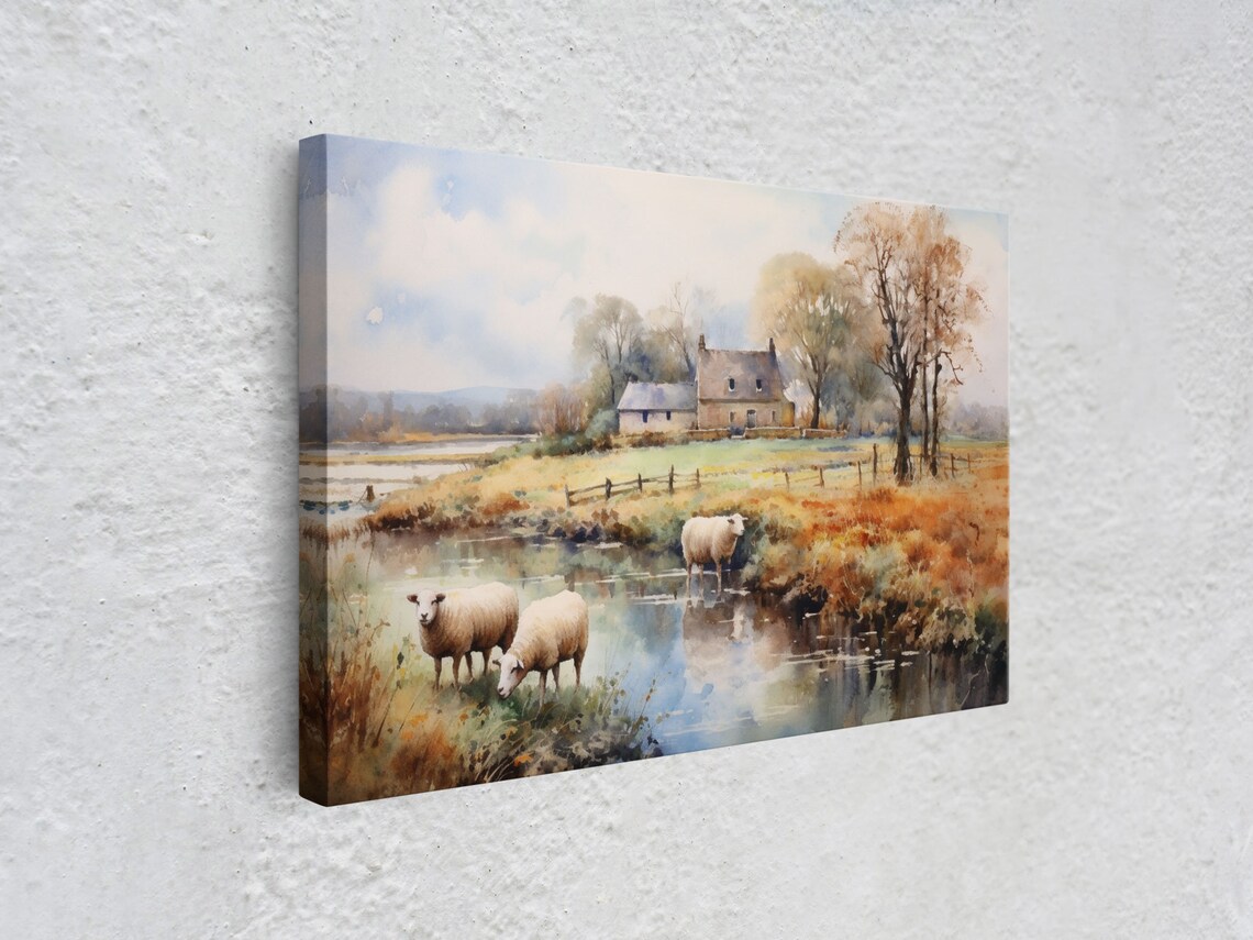 Sheep Grazing By The River, Vintage Landscape Art Print - Image 3