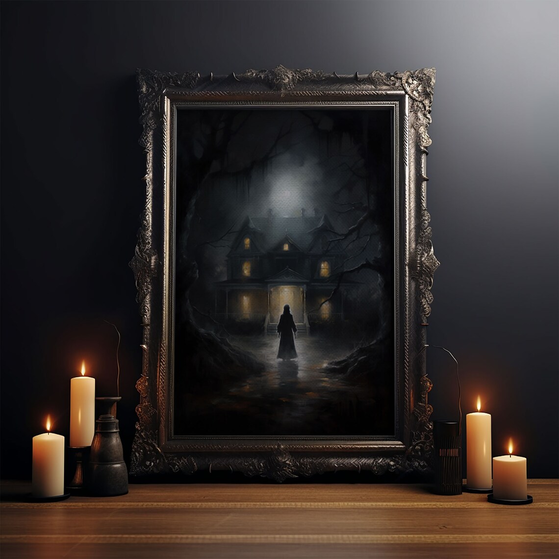 Haunted Mansion Moonlight Hooded Figure Dark Gothic Horror Art Poster - Image 3