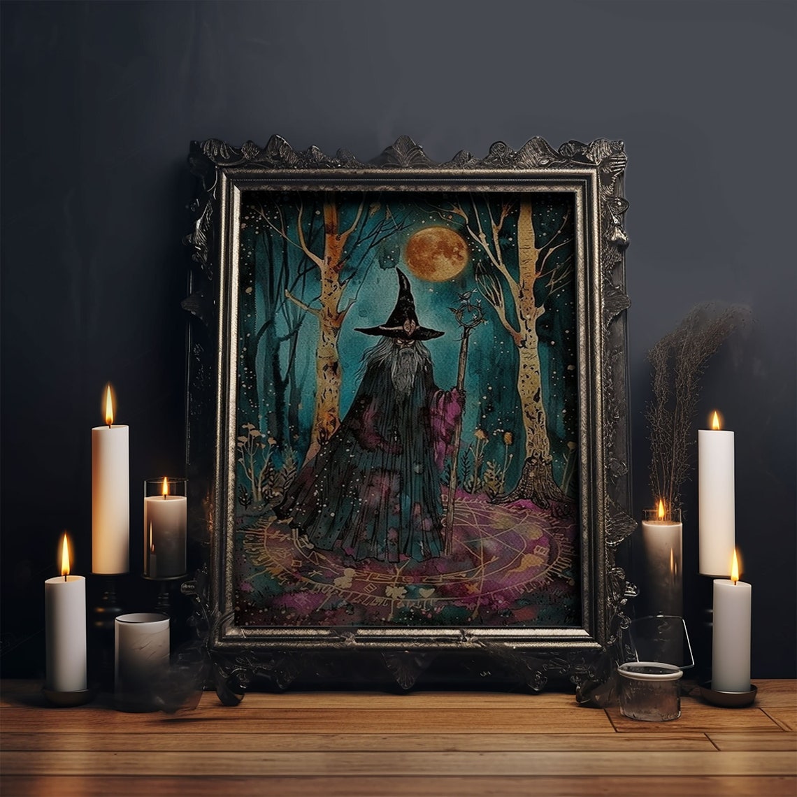 Bearded Wizard Moonlit Forest Full Moon Magic Fantasy Art Wall Poster - Image 5