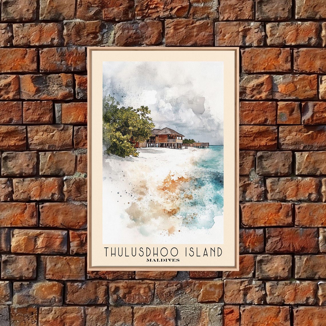 Thulusdhoo Island Maldives Overwater Bungalow Beach Watercolor Poster