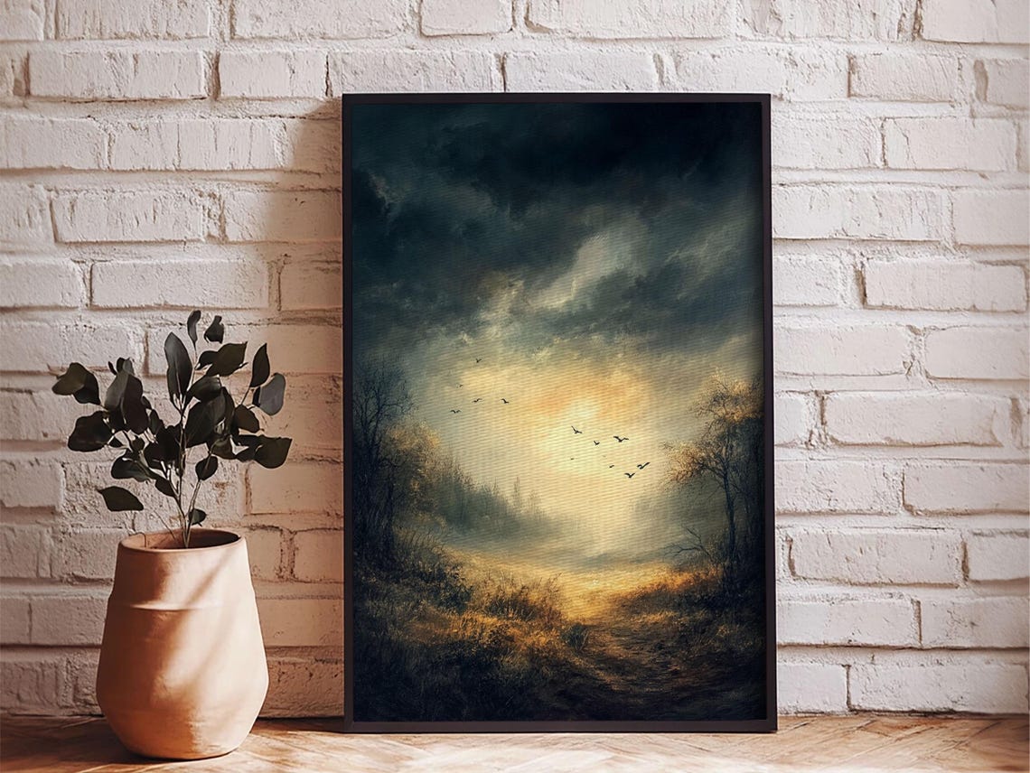 Misty Sunrise Meadow Birds Flying Dark Romantic Landscape Art Poster - Image 6