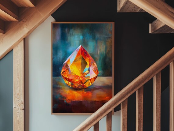 Red Gemstone Faceted Jewel Painting Teal Background Precious Stone Wall Art