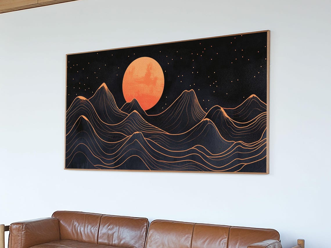 Art Deco Style Abstract Art Orange Blood Moon Over Mountain Landscape Retro Home Decor - Image 4
