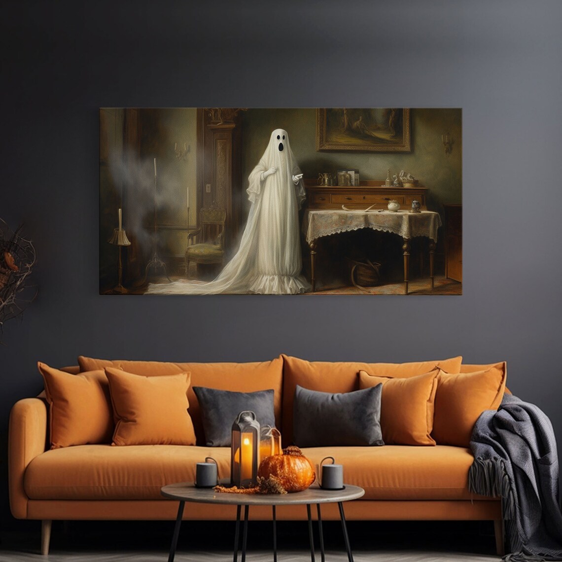 Sheet Ghost Victorian Parlor Standing Spooky Oil Painting Halloween Art Poster - Image 2
