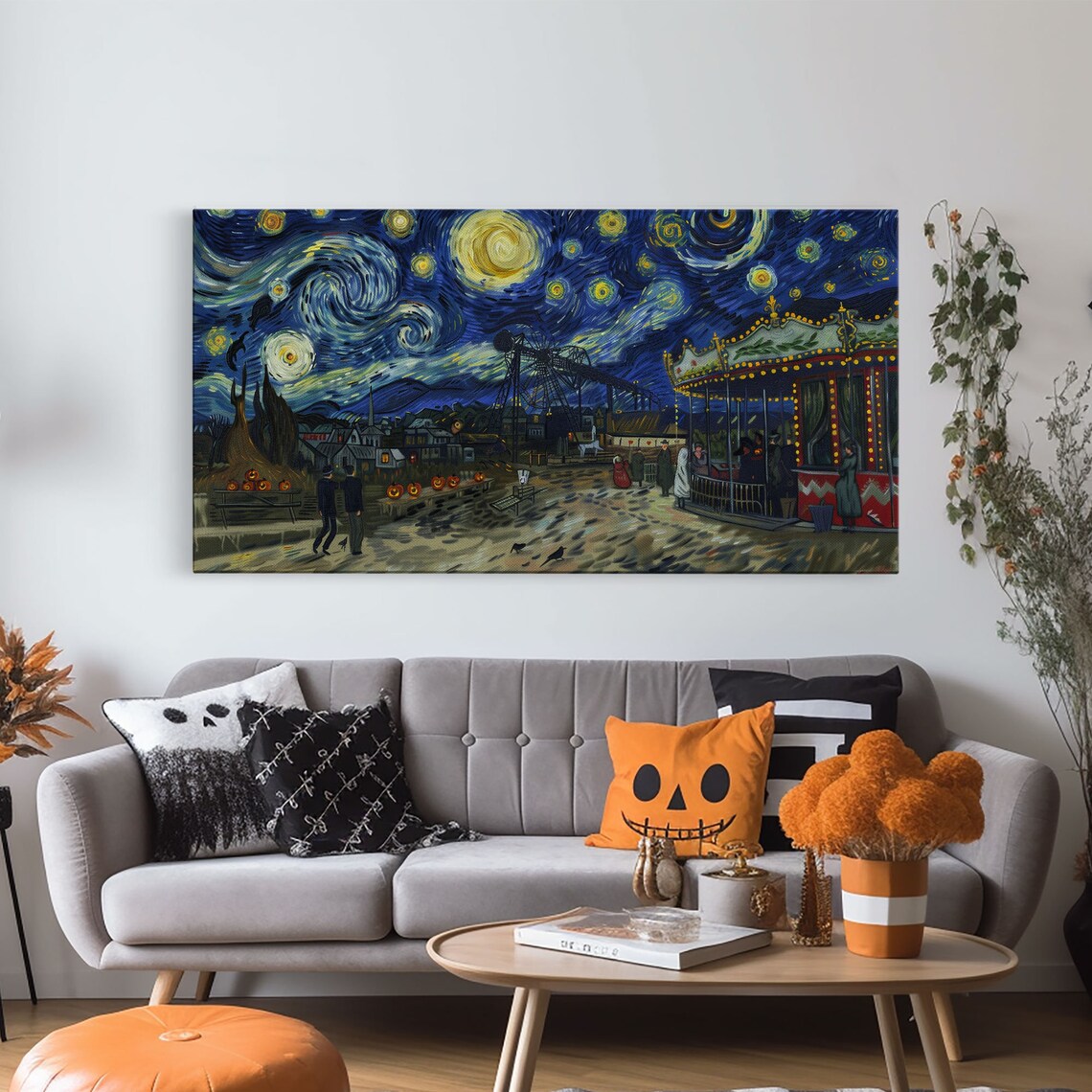 Starry Night Haunted Carnival Carousel Ferris Wheel Pumpkins Halloween Poster - Image 5