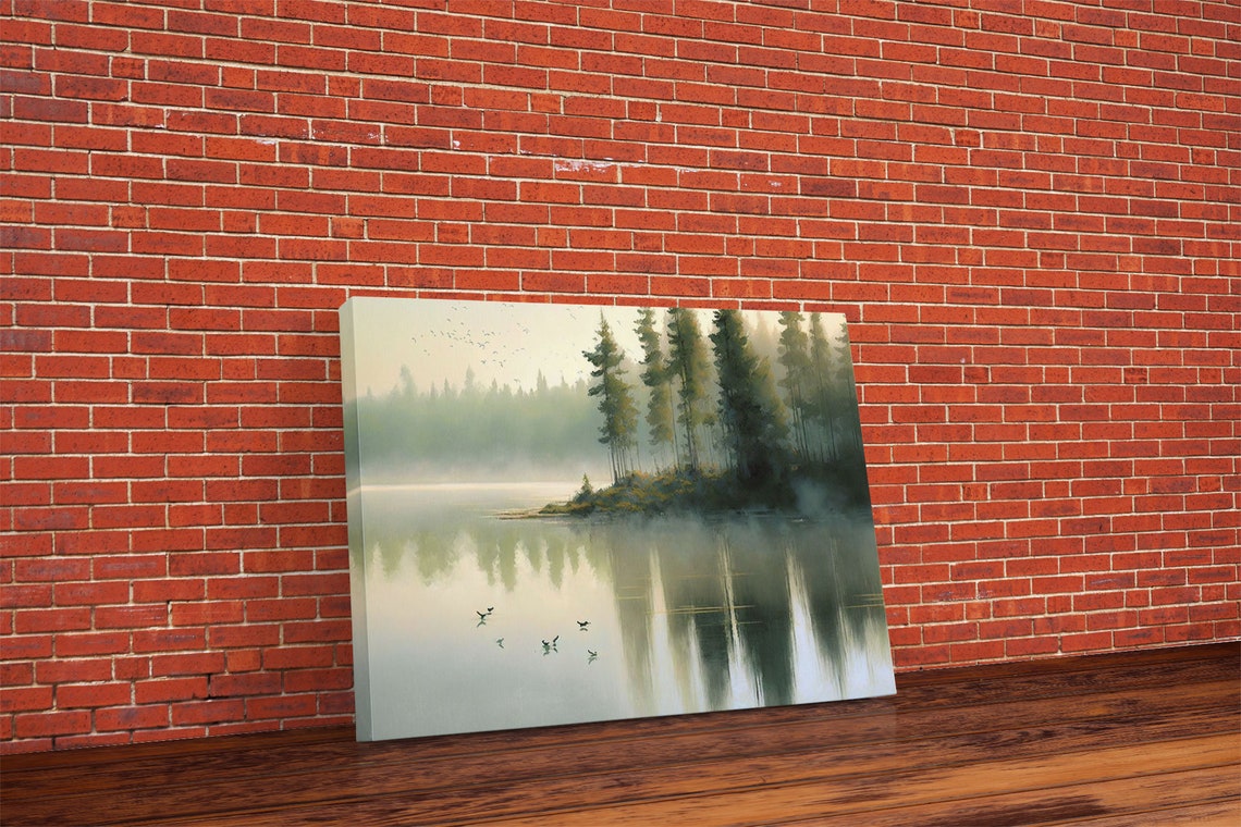 Misty Morning Lake Pine Trees Foggy Water Reflections Birds Art Poster