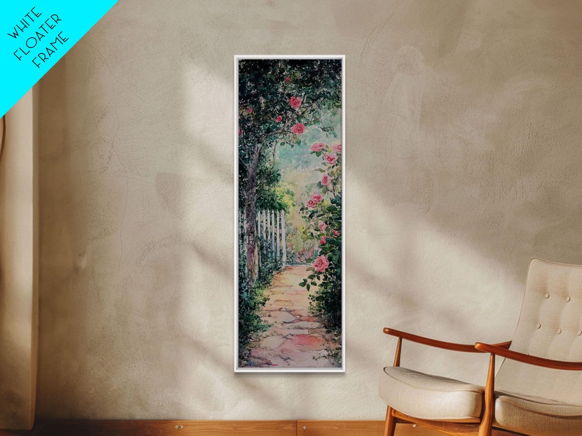 Rose Garden Stone Path Pink Roses Watercolor Painting Vertical Poster - Image 5