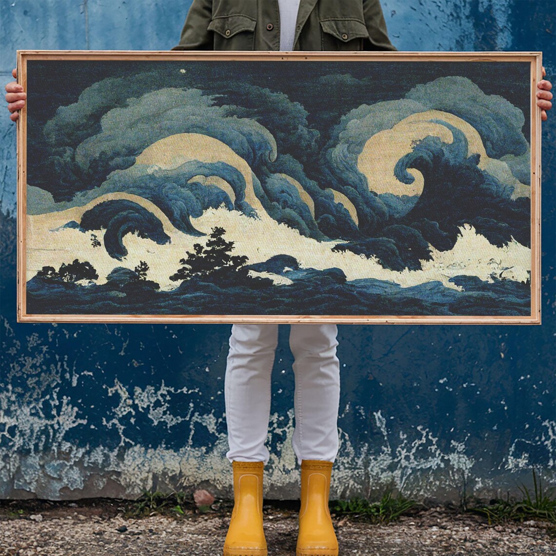 Japanese Style Stormy Sea Crashing Indigo Waves Pine Dramatic Wall Art Poster - Image 6