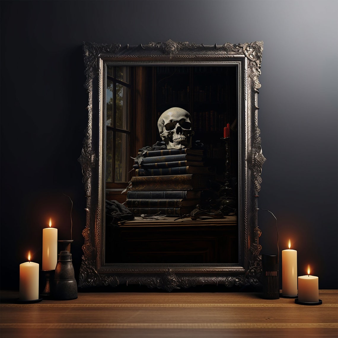 Skull On Stack Of Books Dark Academia Library Gothic Horror Art Poster - Image 3