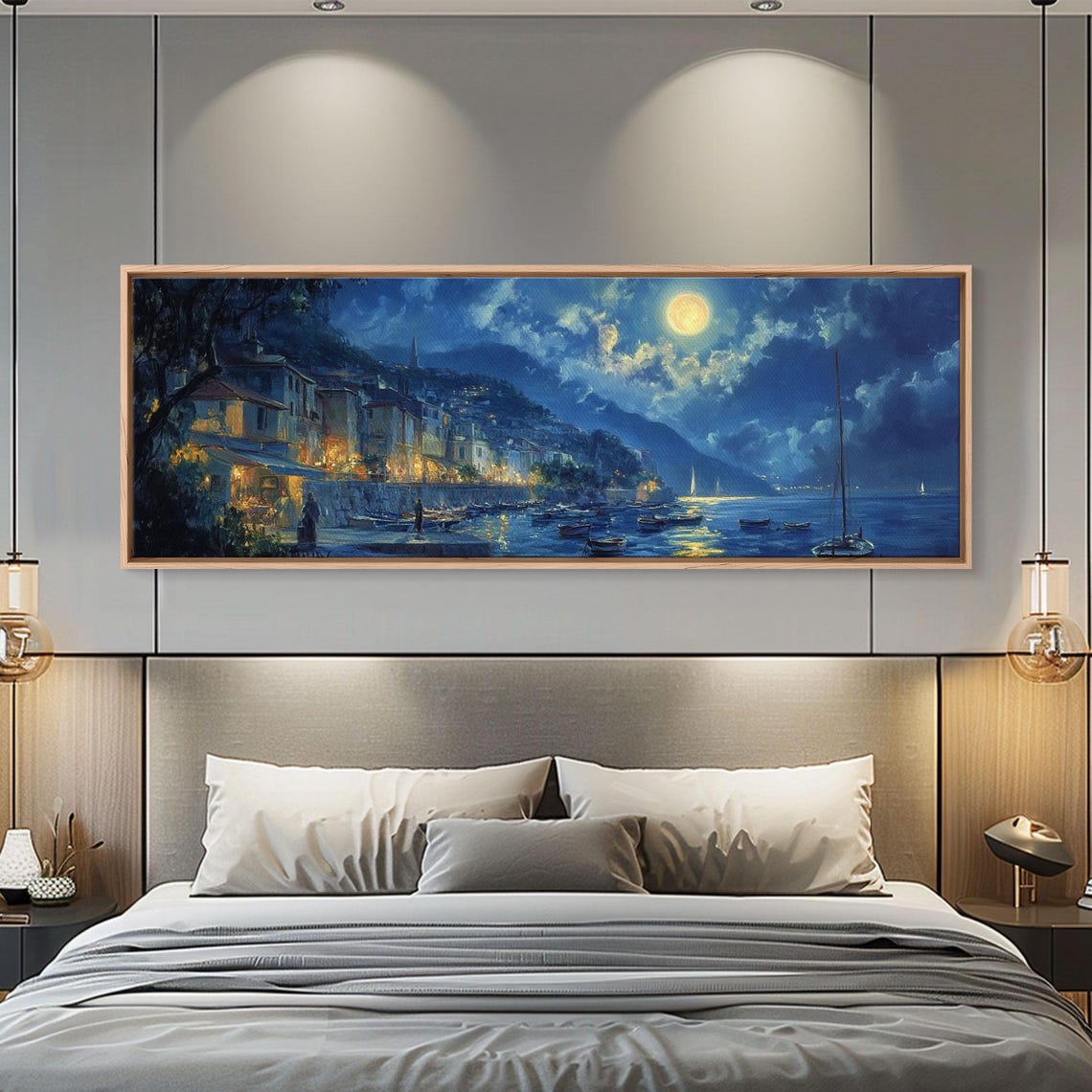 Italian Fishing Village Moonlit Harbor Full Moon Night Seascape Poster - Image 3