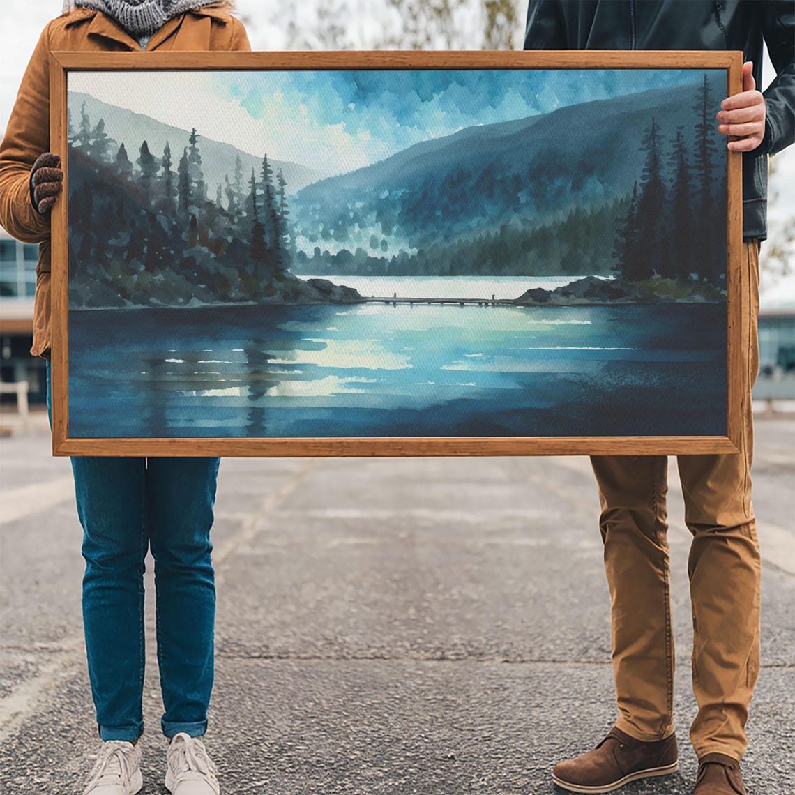 Mountain Lake Watercolor Teal Pines Misty Peaks Quiet Dock Wall Art - Image 3