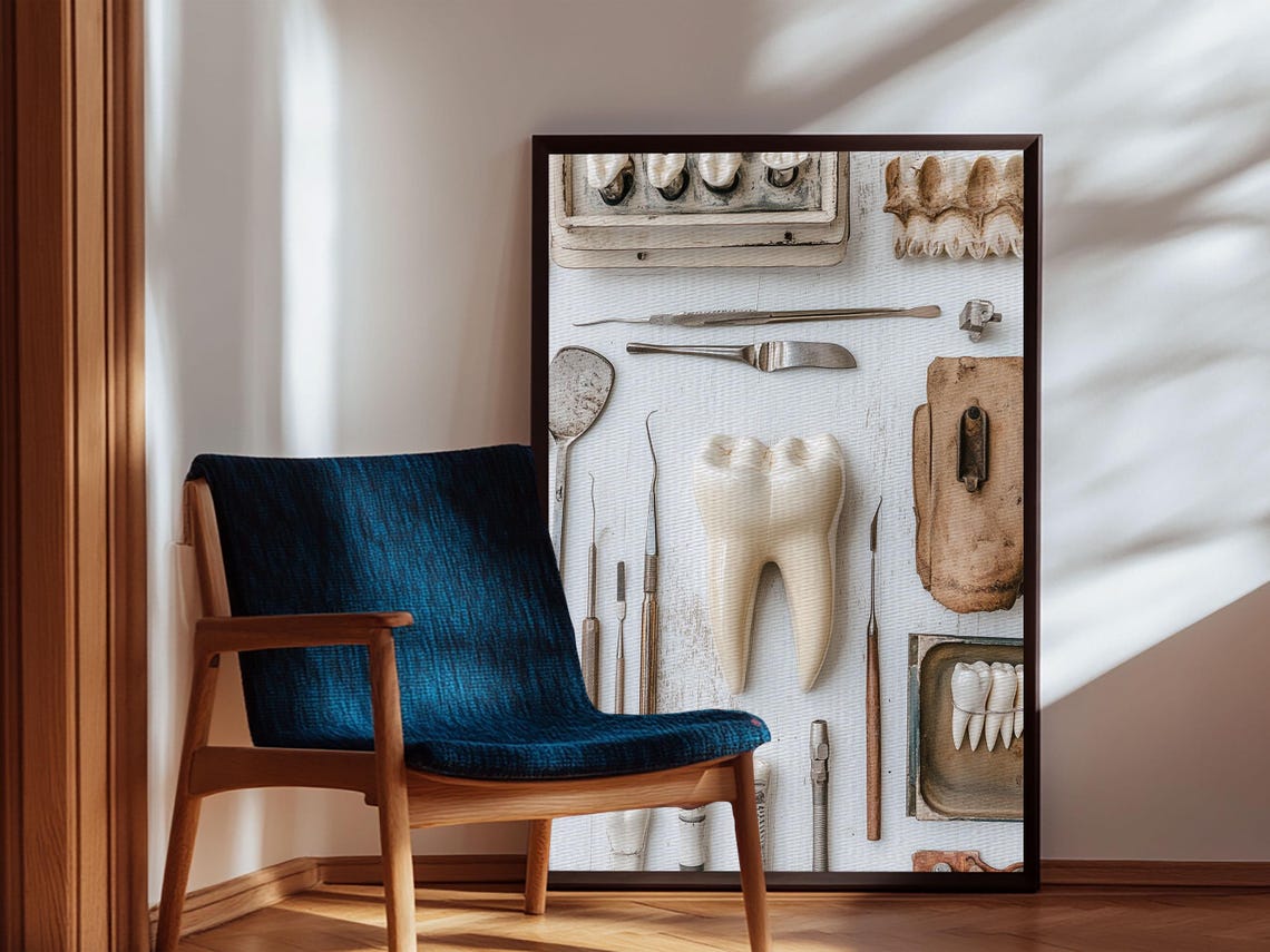 Vintage Dental Tools Tooth Flat Lay Rustic Dentistry Office Art Poster