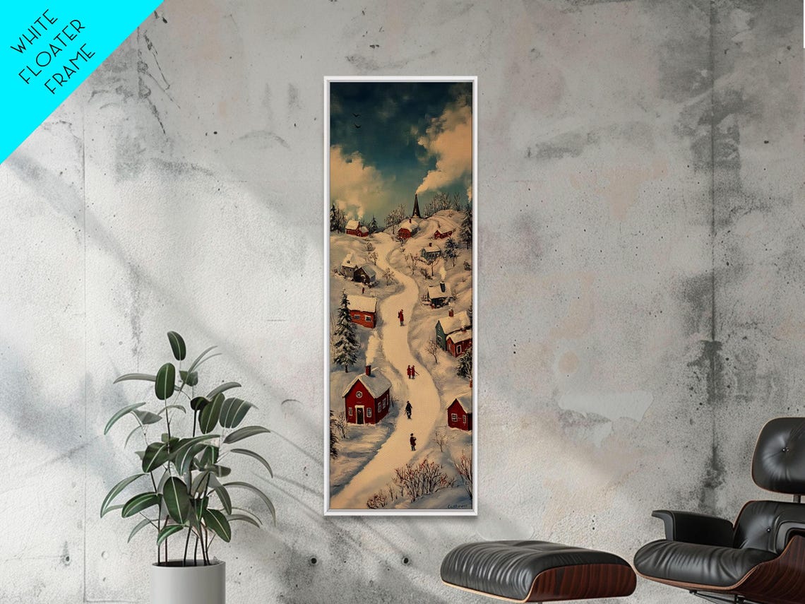 Snowy Hill Village With Red Houses And Church Daytime Winter Poster - Image 2