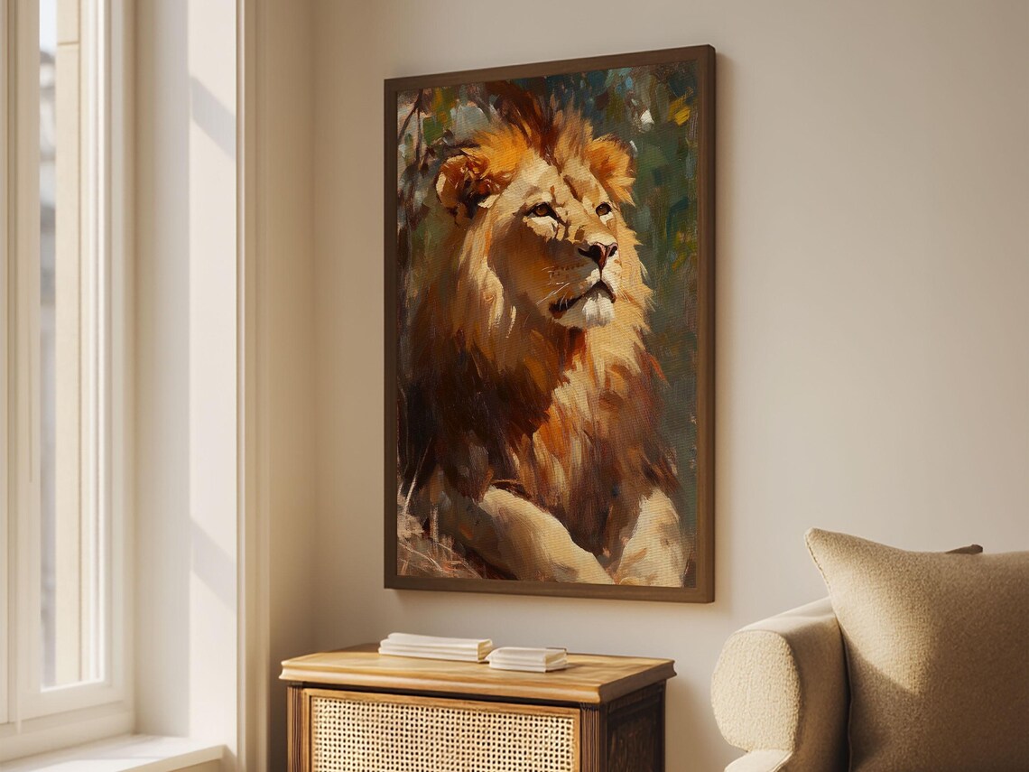 Regal Lion Portrait Oil Painting Warm Golden Wildlife Art Print - Image 6