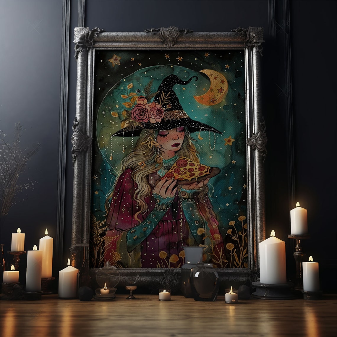 Cute Witch Eating Pizza Moonlit Starry Night Watercolor Art Poster - Image 5