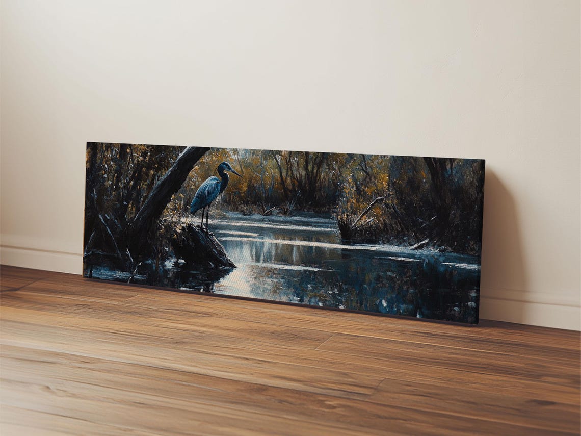 Great Blue Heron In Dark Marsh Water Panoramic Wildlife Painting Print