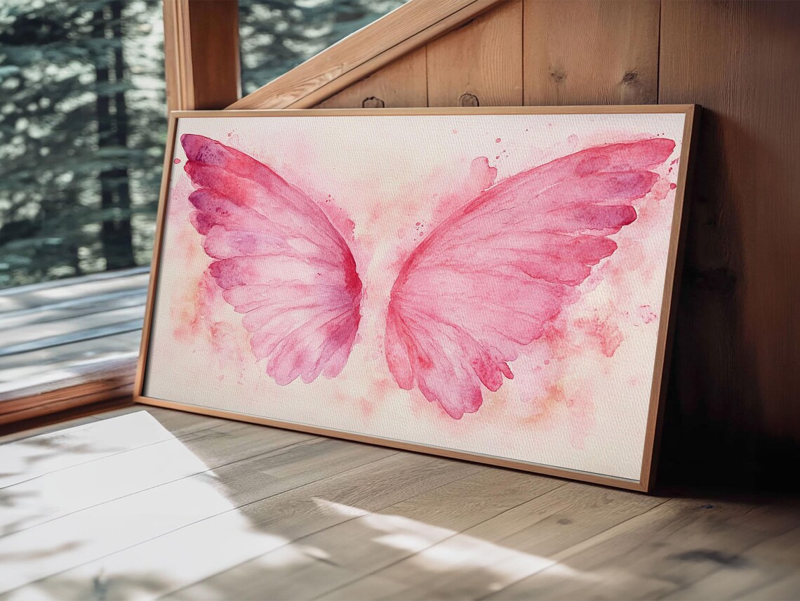 Pink Angel Wings Watercolor Whimsical Feminine Bedroom Wall Art Print - Image 2