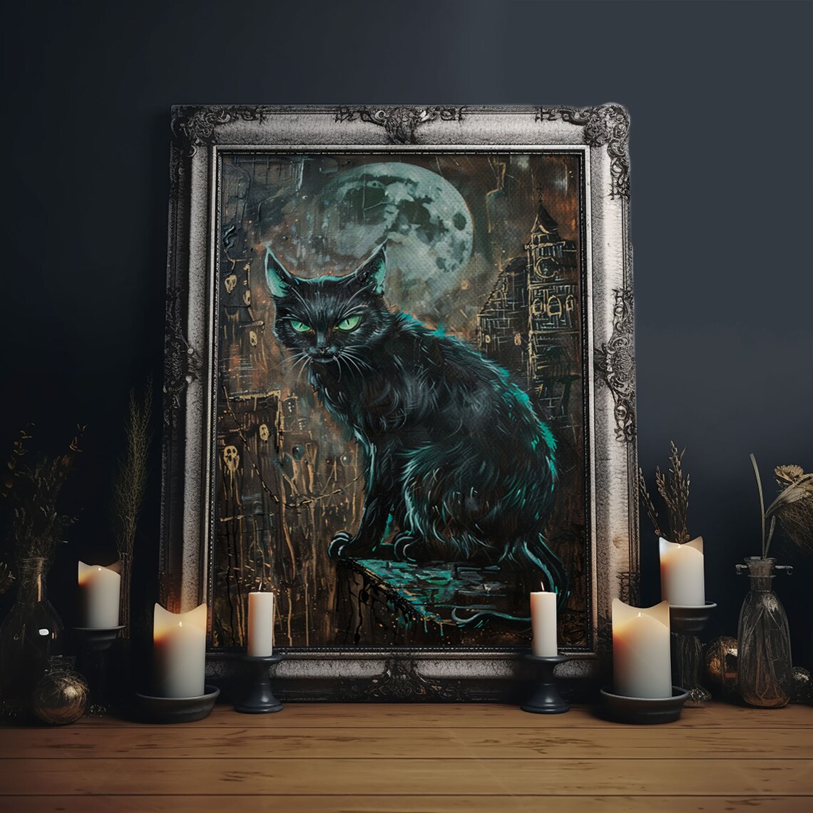 Black Cat With Green Eyes Halloween Gothic Art Print