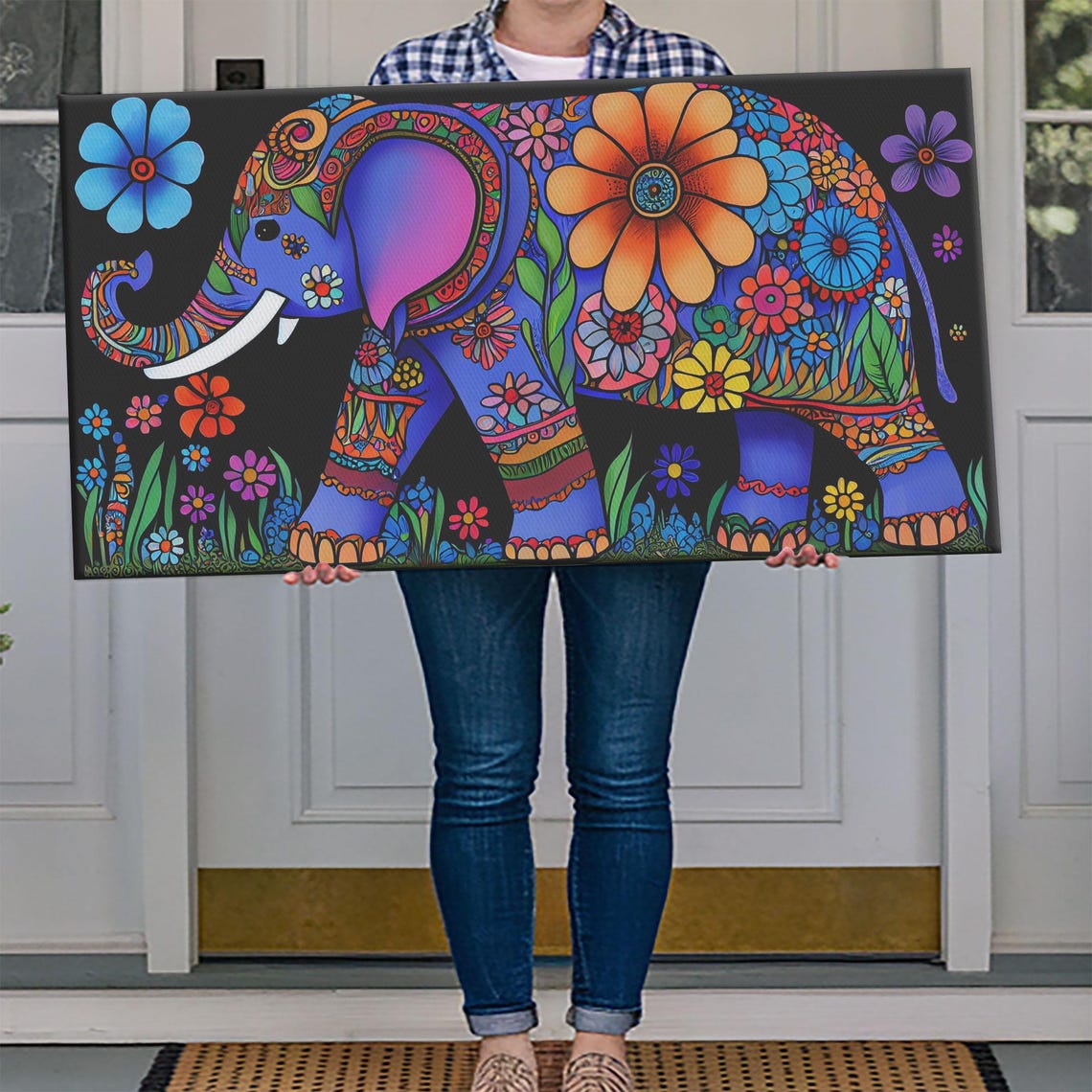 Colorful Indian Style Elephant Floral Psychedelic Decorated Wall Art - Image 4