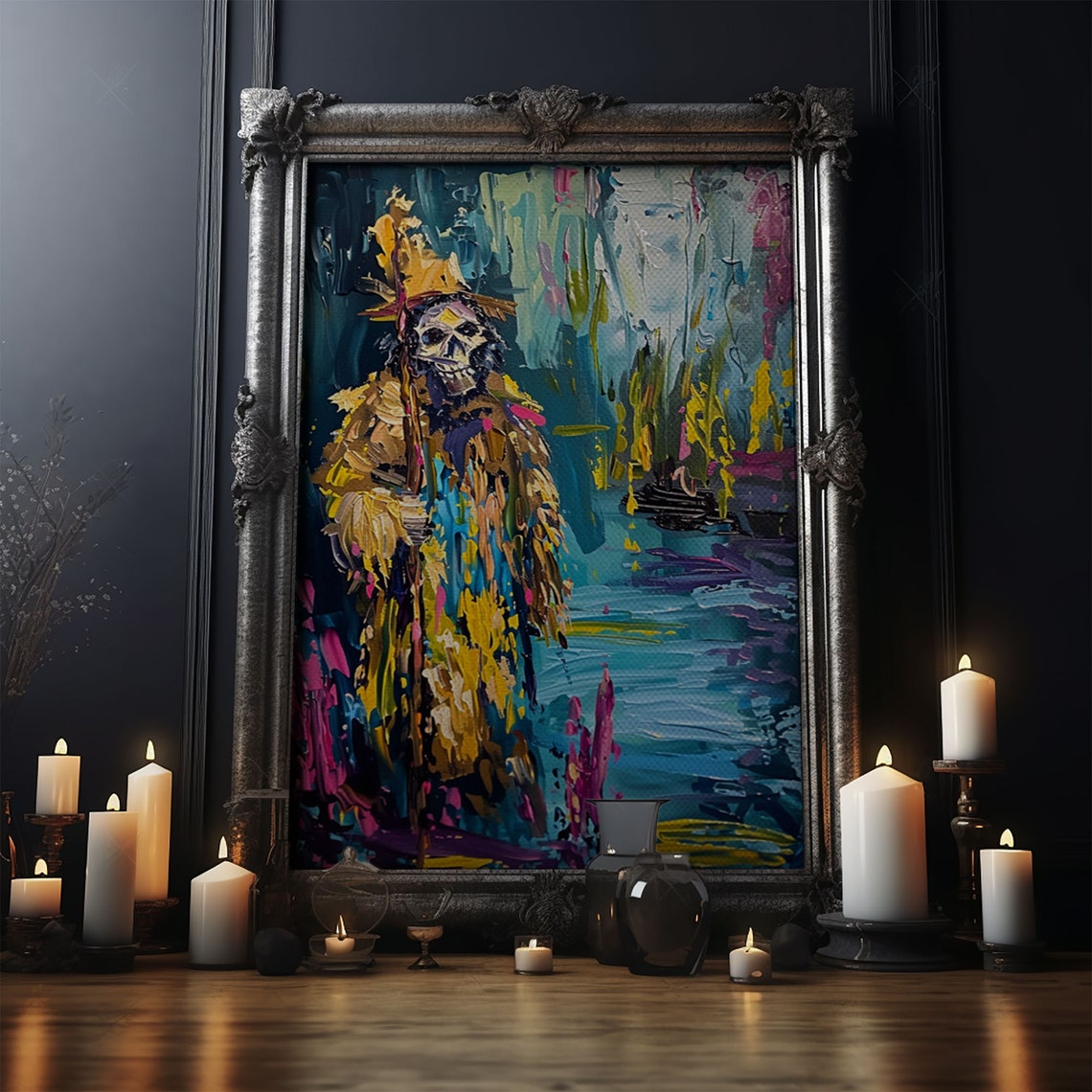 Colorful Abstract Skeleton Wizard Staff Impasto Halloween Art Poster - Image 4