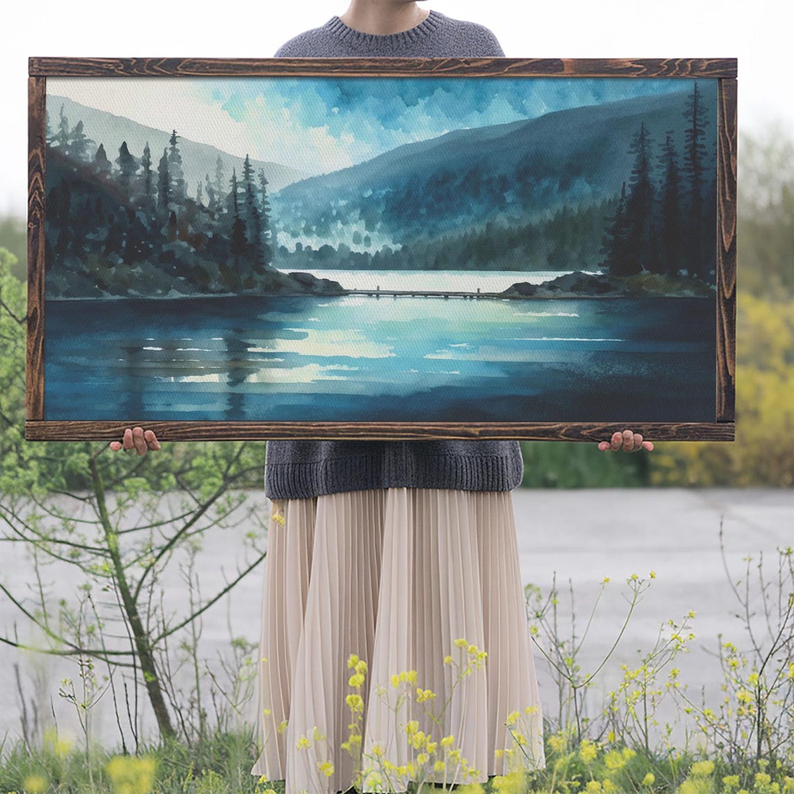 Mountain Lake Watercolor Teal Pines Misty Peaks Quiet Dock Wall Art - Image 2