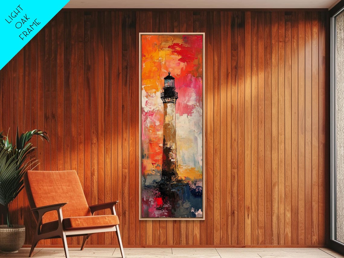 Abstract Lighthouse Painting Pink Orange Sunset Coastal Art Poster - Image 5