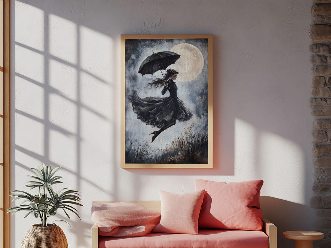 Witch Flying With Umbrella Under Full Moon Dark Gothic Night Wall Art - Image 6