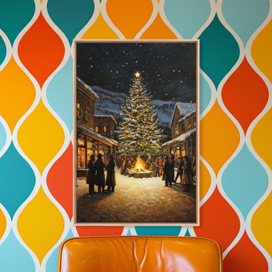 Western Town Christmas Eve Gathering Around Bonfire Tree Poster - Image 5