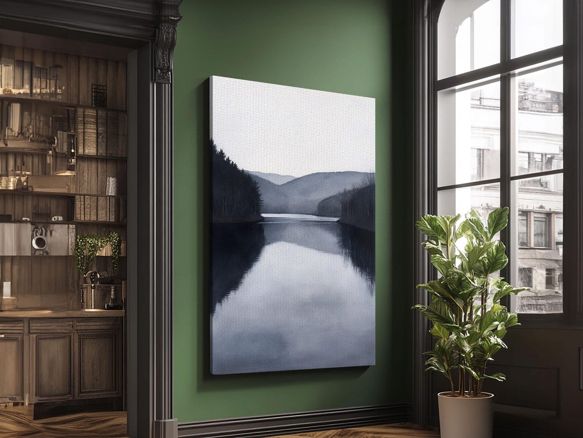 Moody Grayscale Mountain Lake Foggy Forest Black White Landscape Print