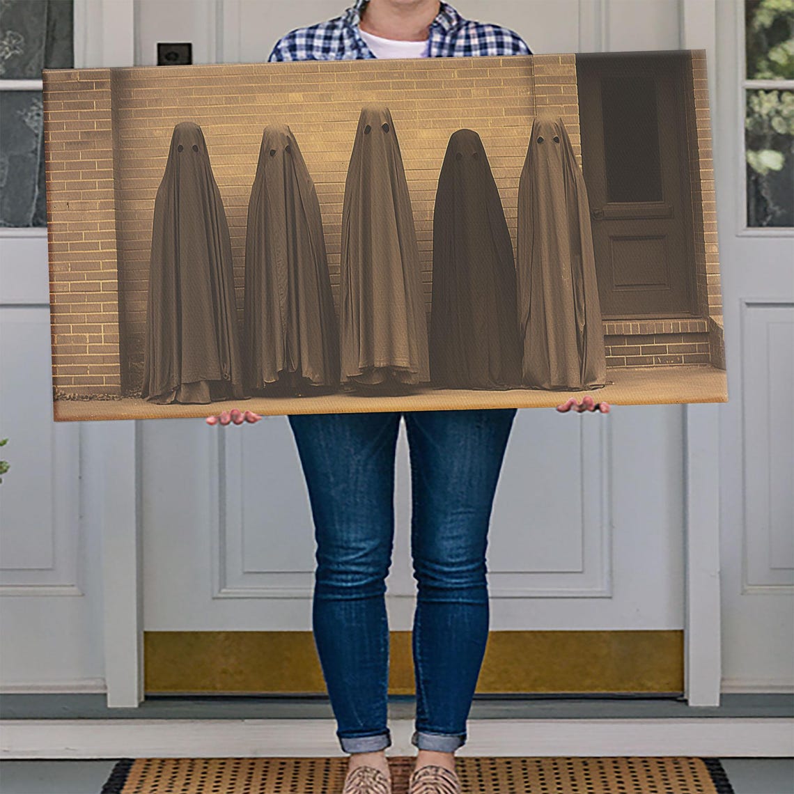 Sheet Ghosts Lined Up Brick Wall Vintage Sepia Halloween Photo Poster - Image 4