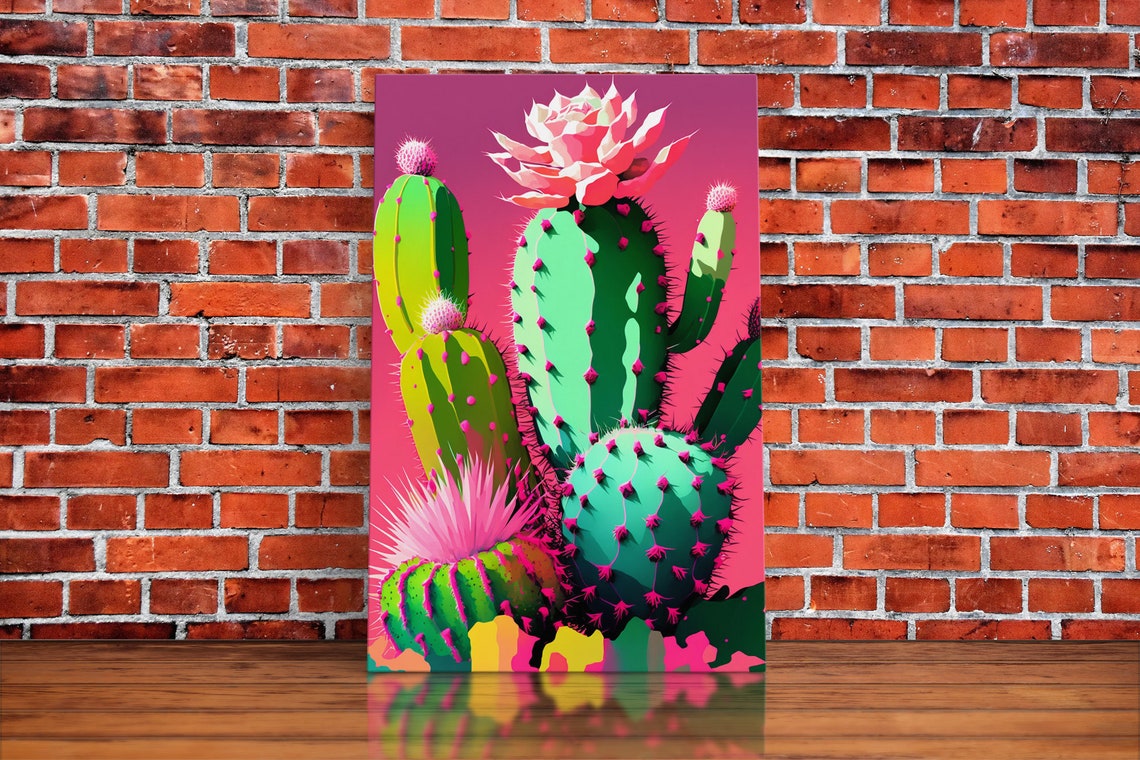 Neon Pop Art Cactus Blooming Flowers Hot Pink Background Art Poster - Image 6