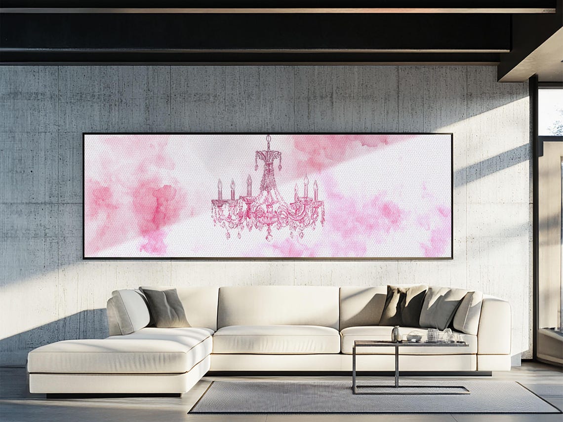 Pink Watercolor Crystal Chandelier Horizontal Elegant Wall Art Poster