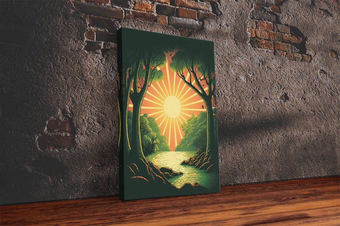 Retro Style Sunset Art Art Deco Style Landscape Decor Framed Print Sunrise Golden Hour Art - Image 2