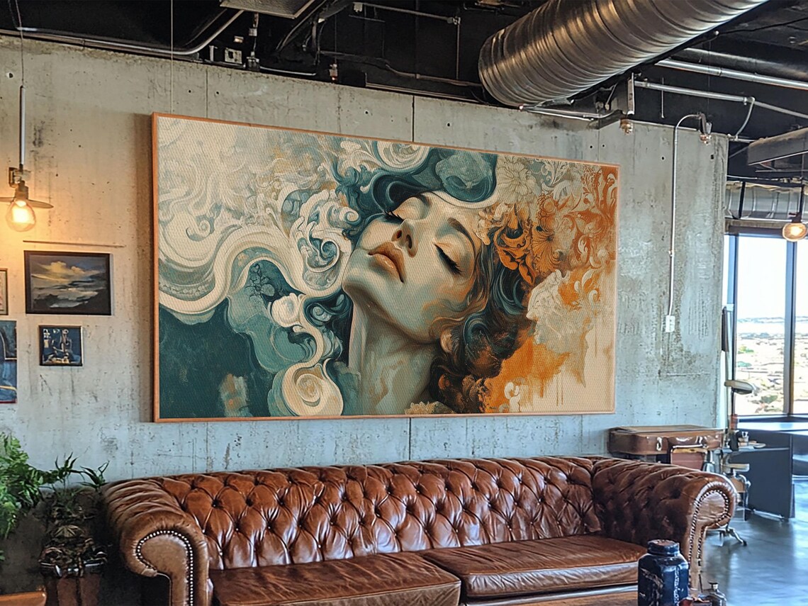 Art Nouveau Woman Flowing Hair Teal Orange Swirls Feminine Wall Poster