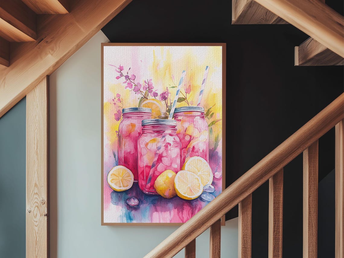 Pink Lemonade Mason Jars Watercolor Summer Kitchen Art Print - Image 5