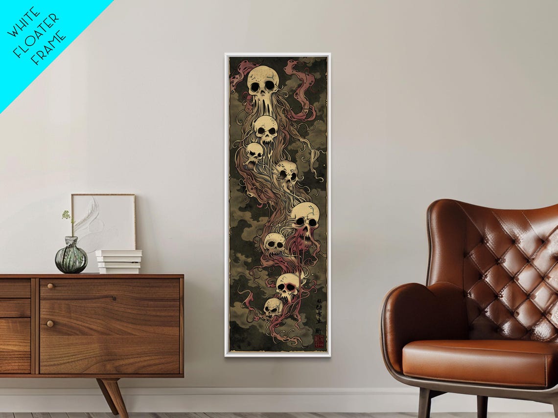 Hauntingly Beautiful Floating Skulls On Tall Vertical Print Featuring Japanese Ghostly Art In Eerie Style - Image 4
