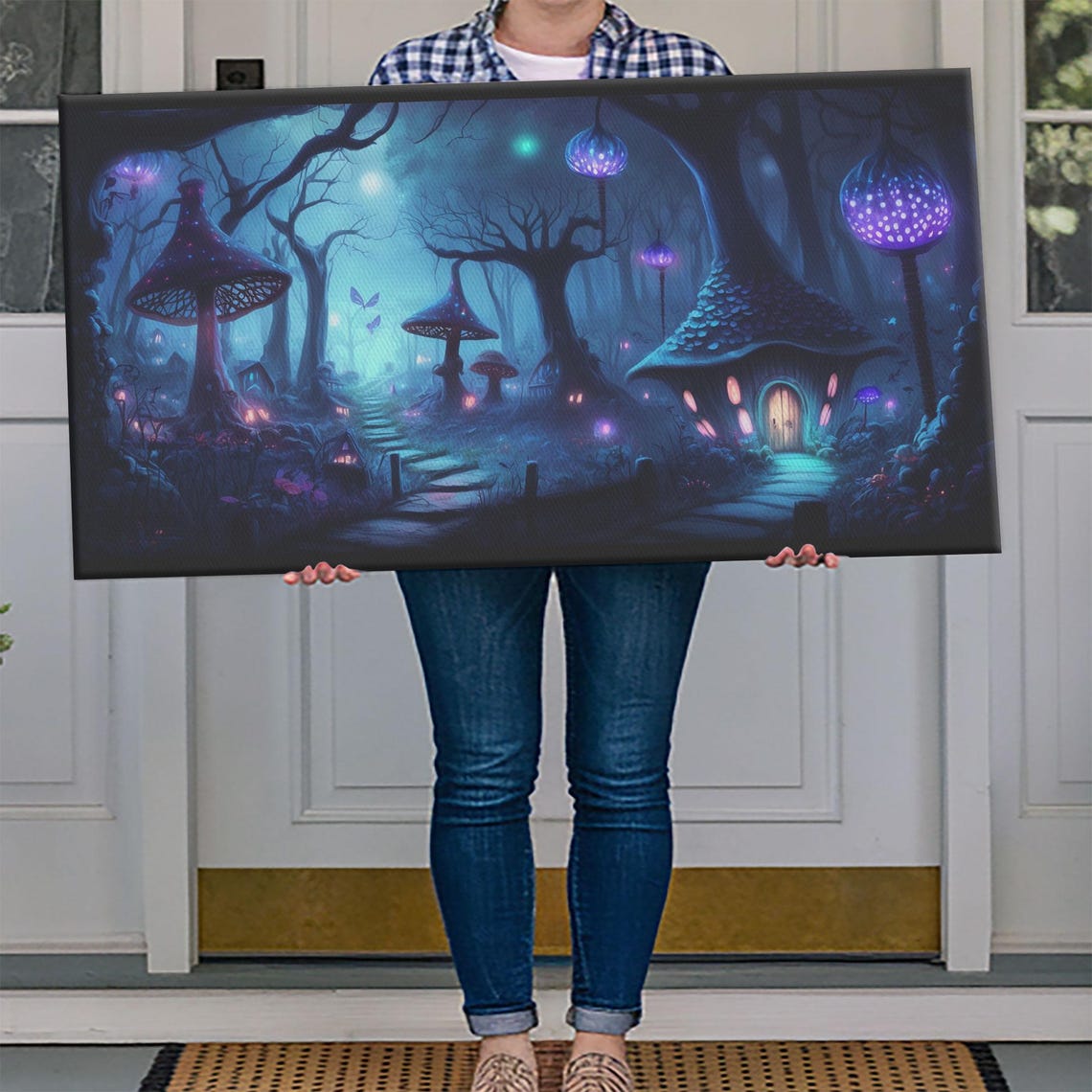 Magical Glowing Mushroom Forest Night Fairy House Fireflies Poster - Image 4