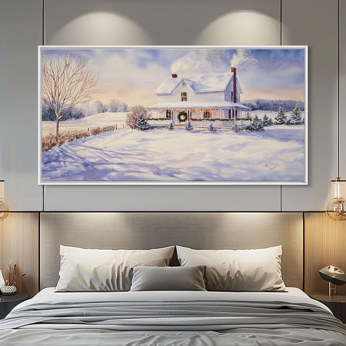 Snowy White Farmhouse Christmas Wreath Winter Dusk Art Print - Image 3