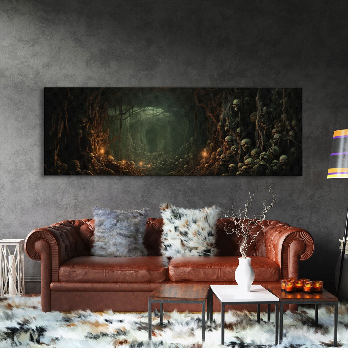 Skull Crypt Cave Dark Gothic Skulls Candlelit Spooky Halloween Wall Art - Image 3