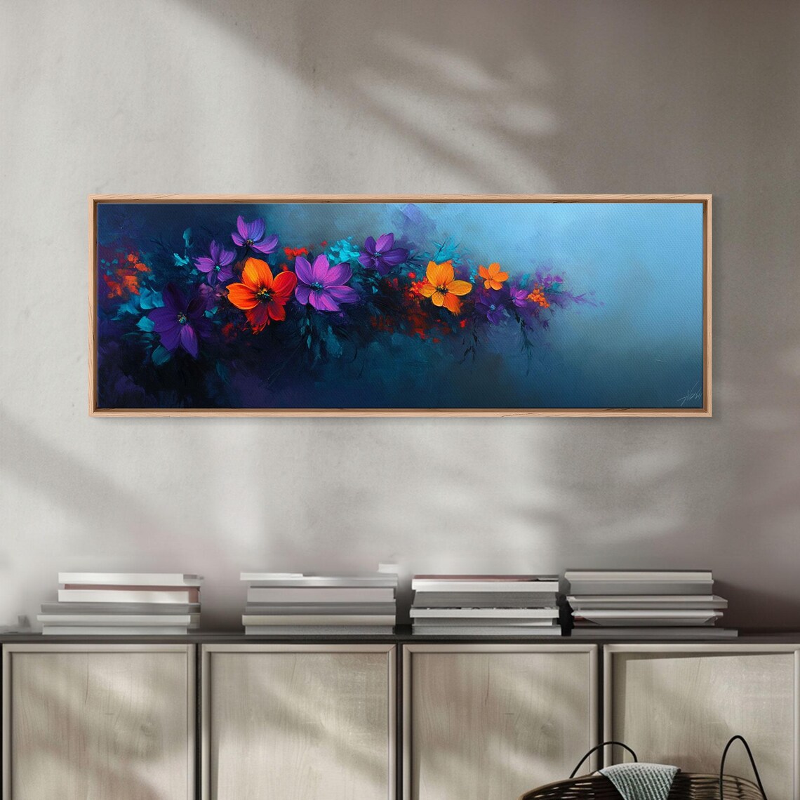 Purple And Orange Flowers On Navy Blue Moody Floral Oil Poster - Image 4