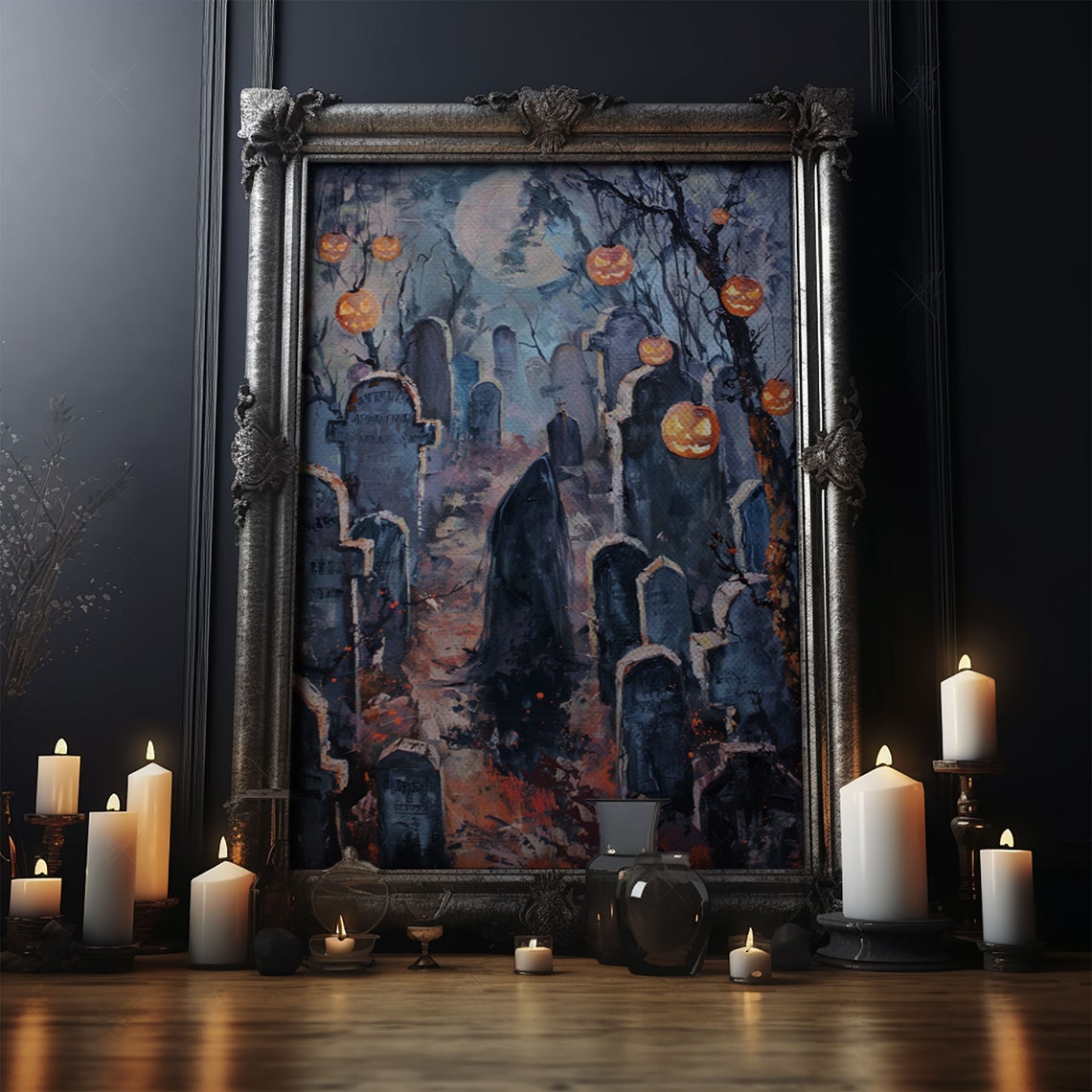 Jack O Lantern Graveyard Spooky Pumpkins Full Moon Art Poster - Image 5