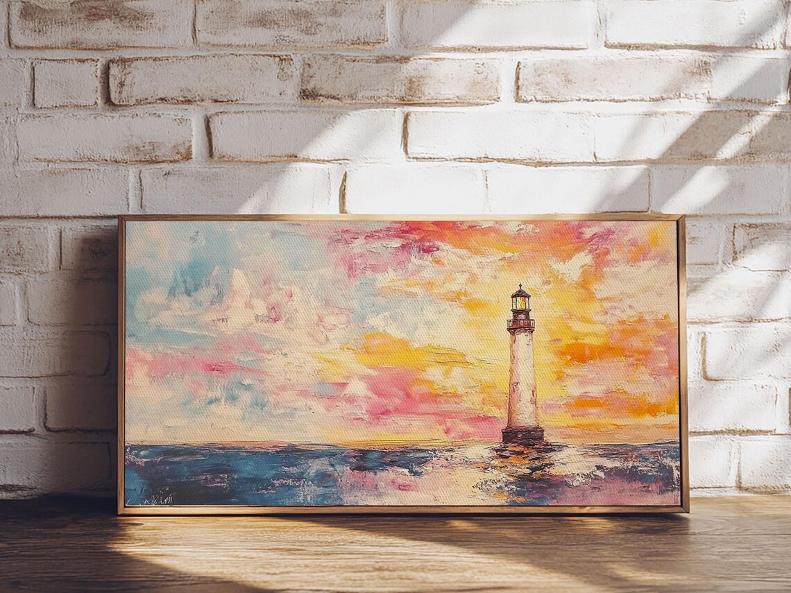 Lighthouse Sunrise Pastel Pink Sky Ocean Waves Coastal Art Travel Poster - Image 4