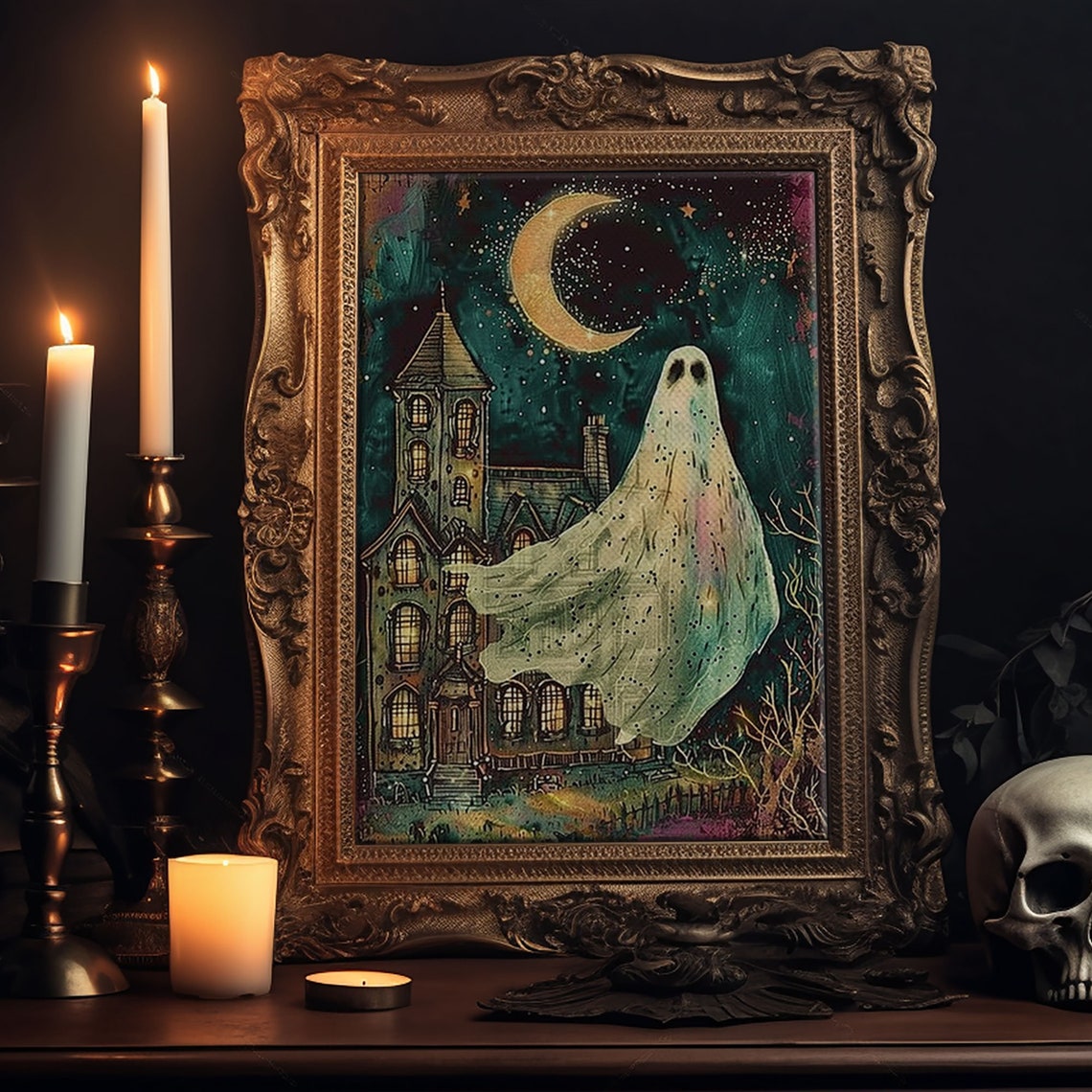 Ghost Crescent Moon Haunted House Spooky Night Halloween Art Poster - Image 6